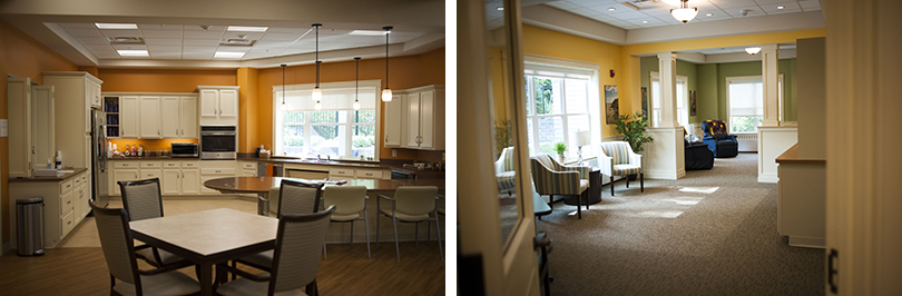 left: the therapeutic kitchen at the center.
right: the living room and quiet space at the center.