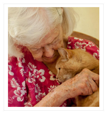 older woman holding an orange cat