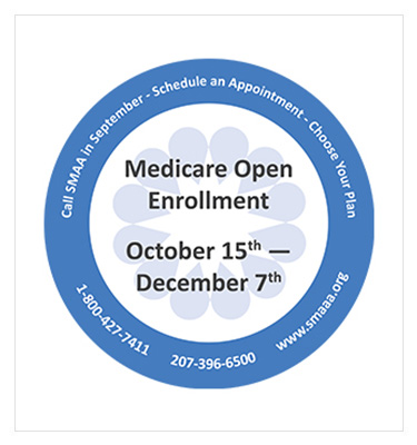 decorative: Medicare open enrollment badge with text "October 15 - December 7"