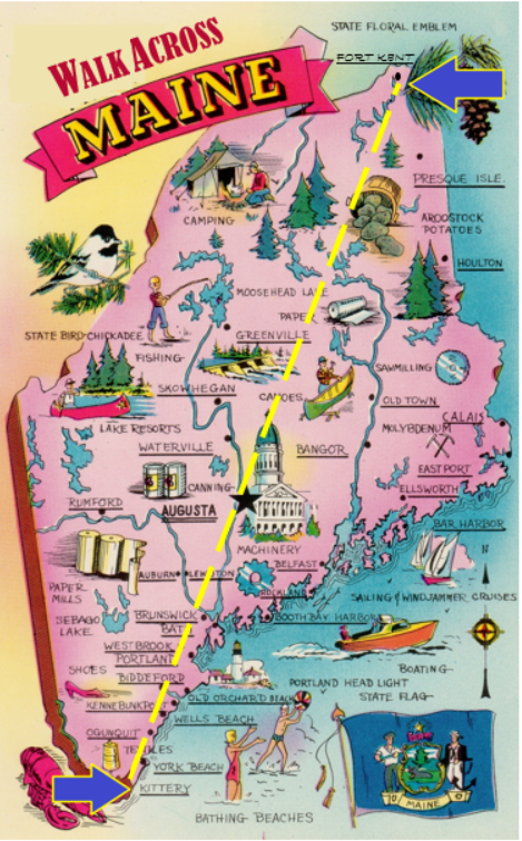Walk Across Maine logo over tourist map of Maine in background